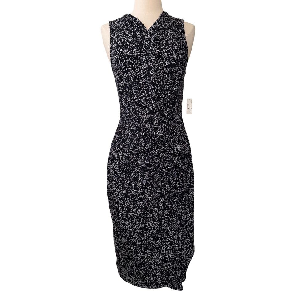 Lark & Ro ditsy floral print v-neck faux wrap dress black white
